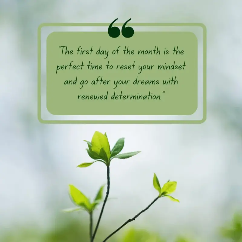 young green plant with motivational quote: "the first day of the month is the perfect time to reset your mindset and go after your dreams with renewed determination" new month new goals