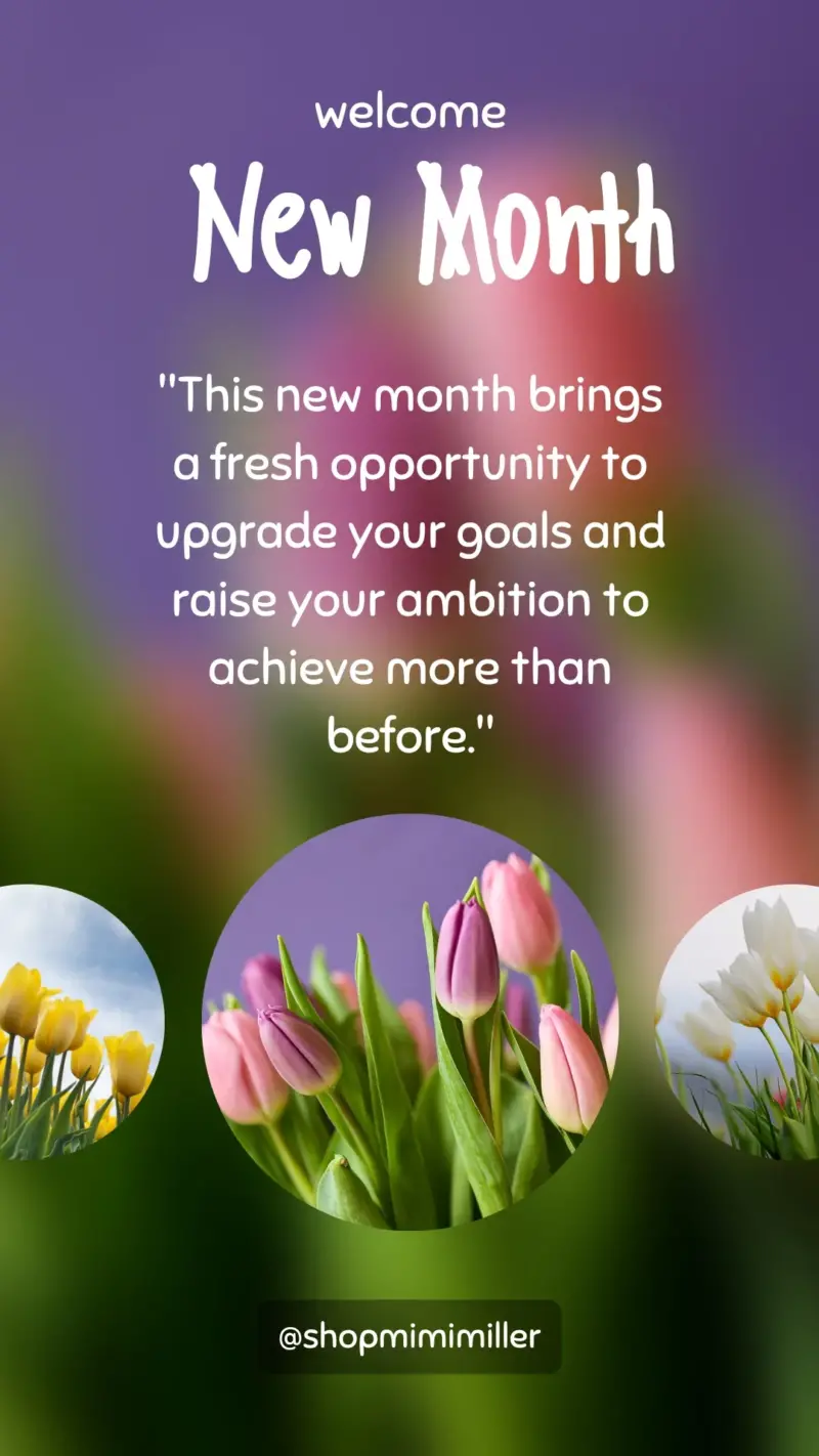 tulips with motivational quote: "this new month brings a fresh opportunity to upgrade your goals and raise your ambition to achieve more than before." new month wishes