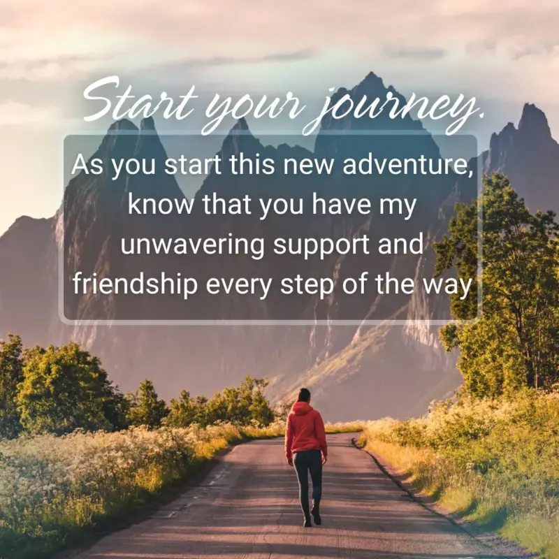 best wishes on your new journey to friend - colorful text on a scenic background. have a safe journey.